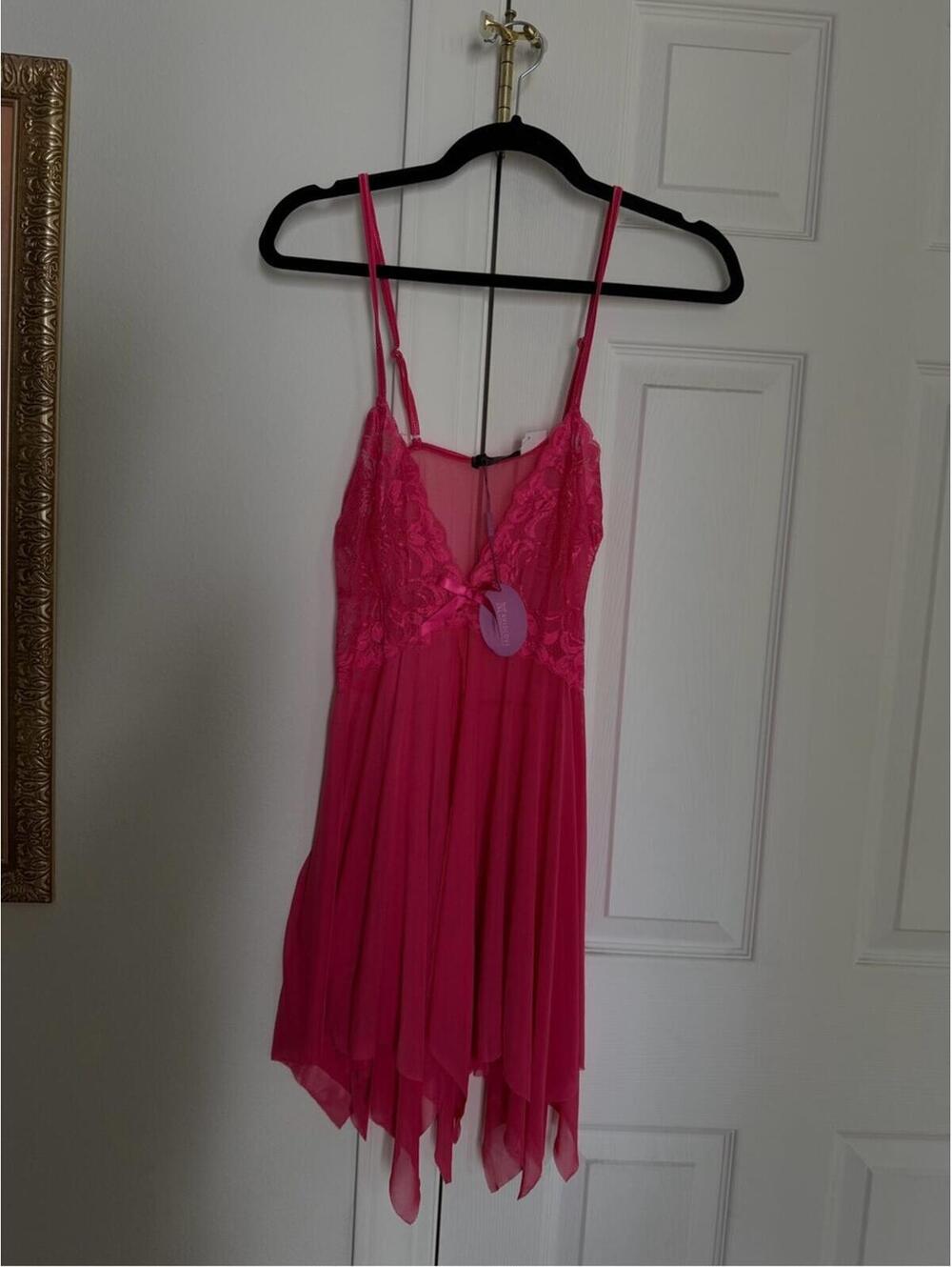 Fuchsia Lace & Chiffon Chemise with Spaghetti Straps